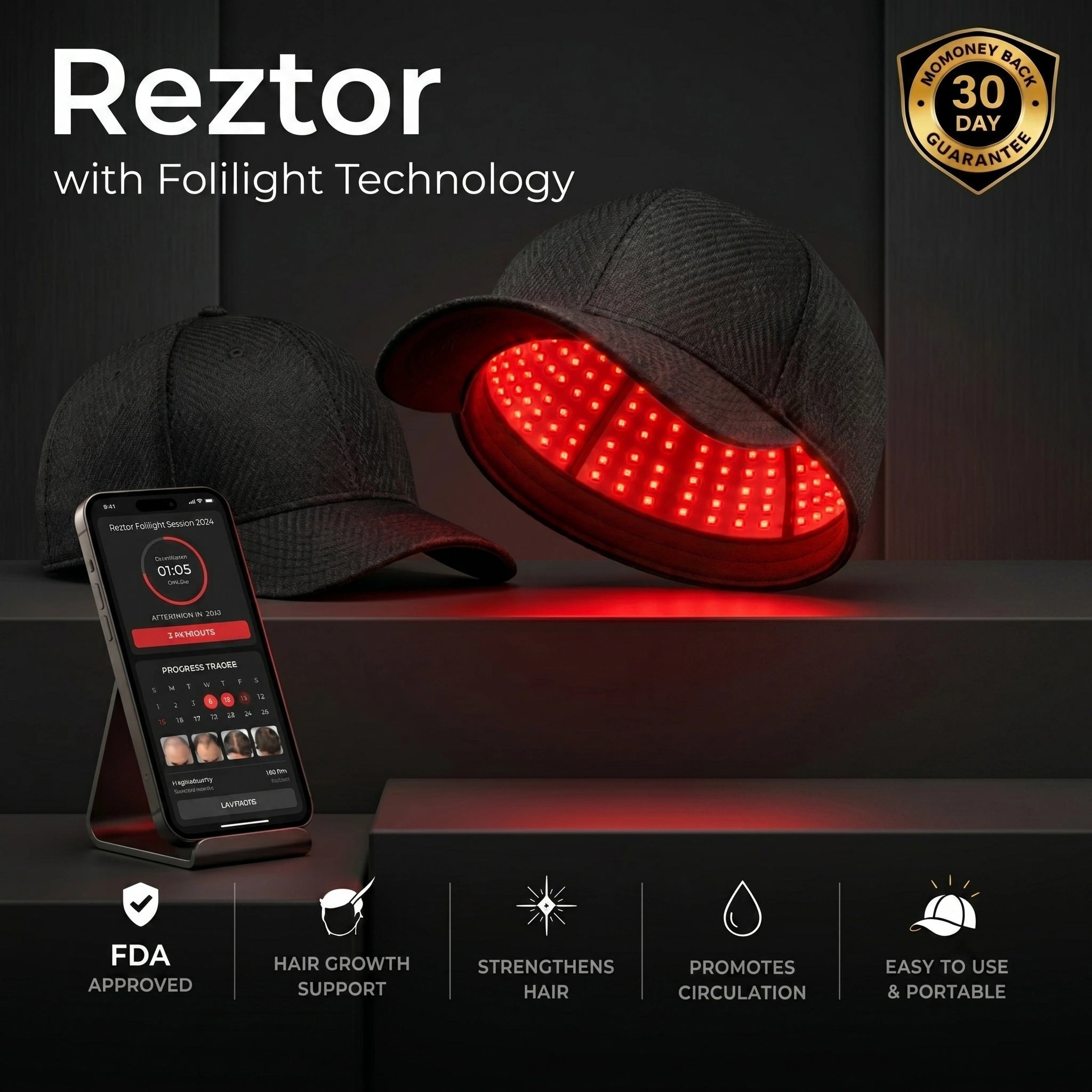 Reztor red light therapy cap — front view
